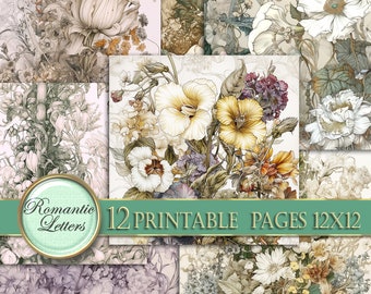 May include: Twelve printable pages of floral patterns in shades of white, cream, and green. The patterns feature various flowers, including roses, lilies, and daisies. The pages are 12x12 inches.