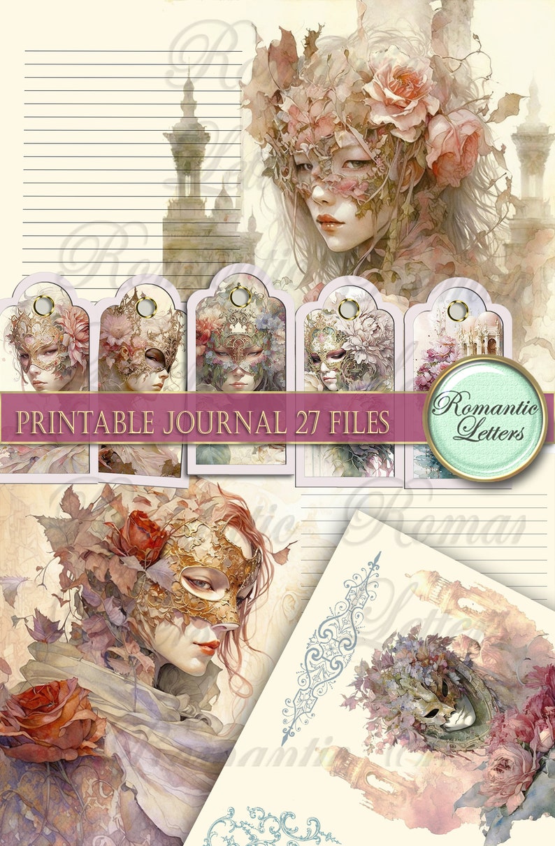 Carnaval van Venetië Afdrukbare junk journal kit digitale afdrukbare junk journal tags kaarten envelop pagina's aquarel scrapbook papier reizen PART2 afbeelding 4