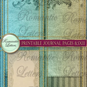 May include: Digital printable journal pages with a vintage aesthetic. The design features a teal and beige plaid pattern with decorative elements and the text "Romantic Letters" and "Printable Journal Pages 8.5x11".