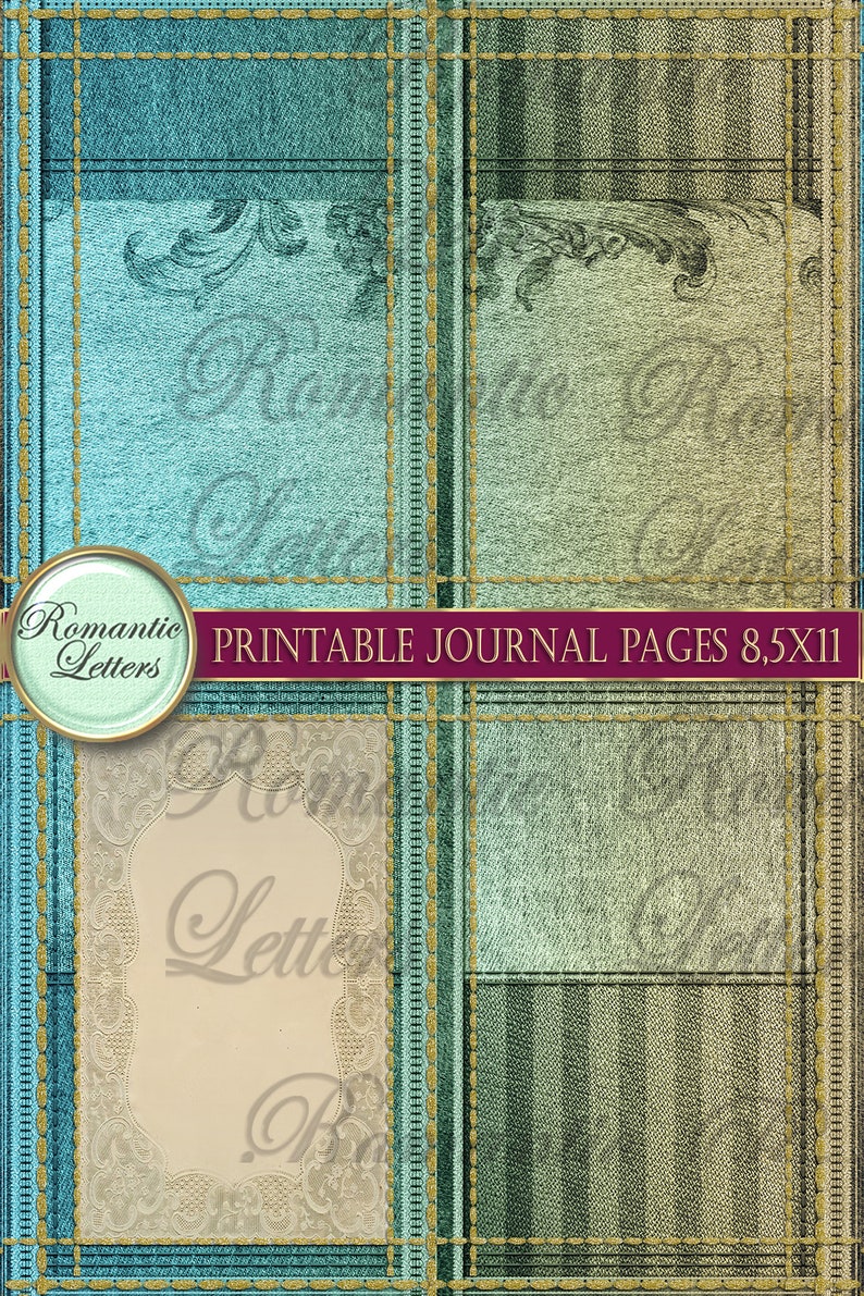 May include: Digital printable journal pages with a vintage aesthetic. The design features a teal and beige plaid pattern with decorative elements and the text "Romantic Letters" and "Printable Journal Pages 8.5x11".
