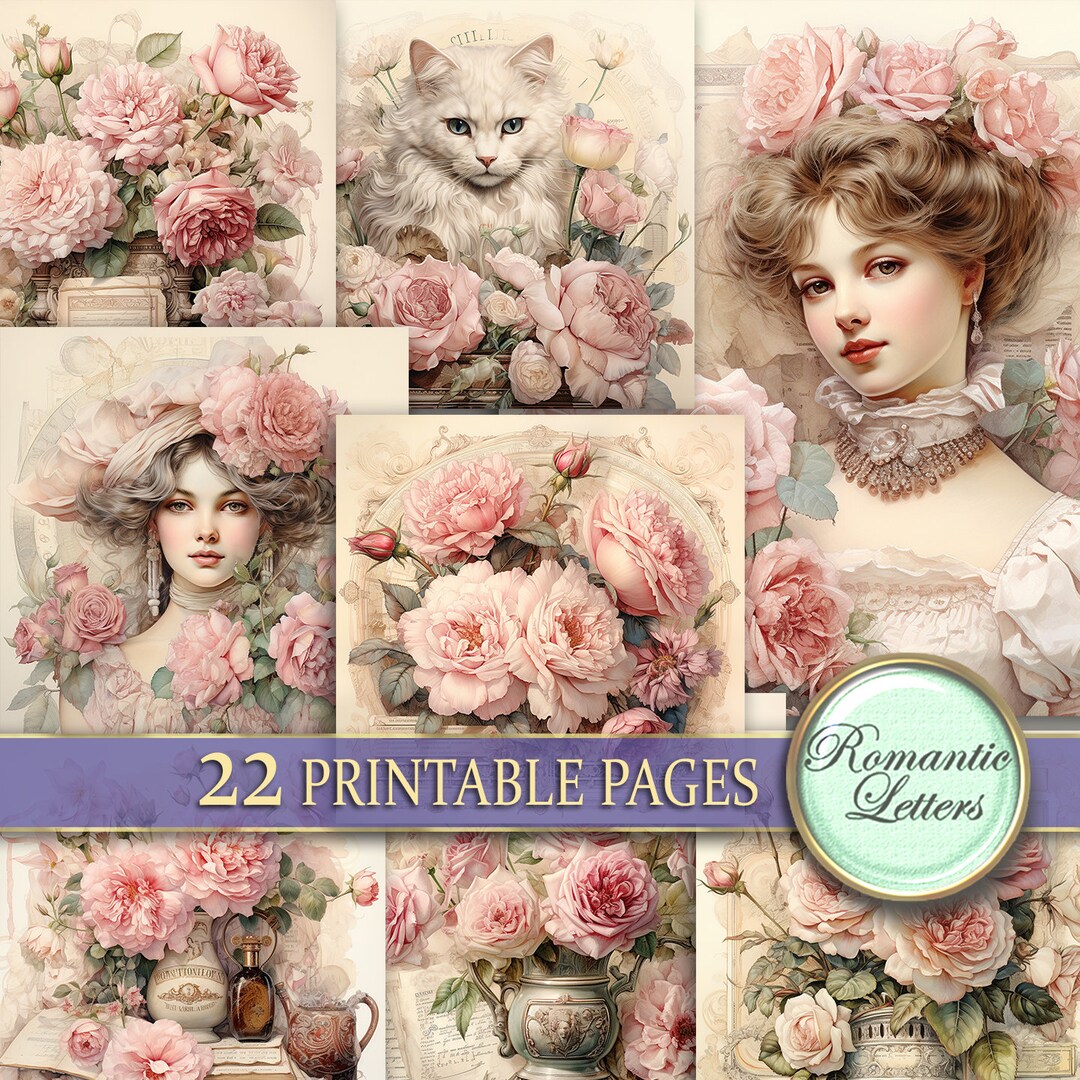 Floral Digital Scrapbook Paper Pack Junk Journal Pages Shabby Chic Rose ...