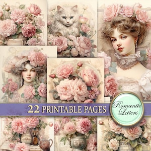 Vintage Shabby Chic Pink Roses Scrapbook Paper PRINTABLE
