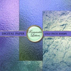 May include: Three digital paper textures in blue, green, and purple with a textured, bumpy, or grainy appearance. The digital paper is 12x12 inches and 300 DPI. The text "Romantic Letters" is on a green circle with a gold border.