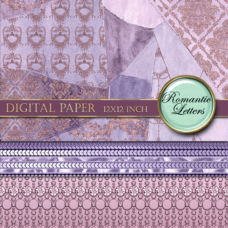 May include: Digital paper with a purple and gold damask pattern, a purple and white geometric pattern, and a purple and white border with a repeating pattern of circles. The paper is 12x12 inches.