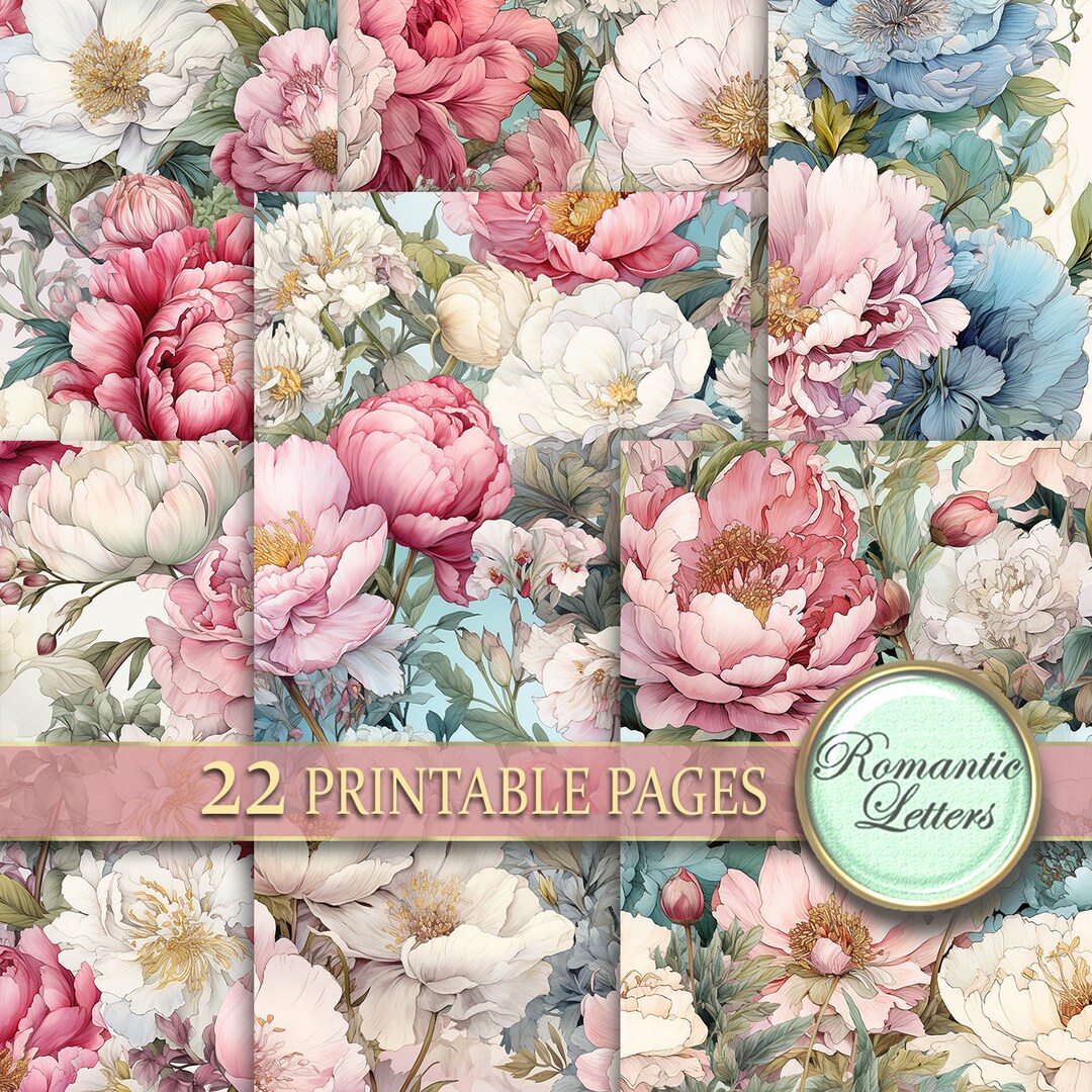 Peony Roses Digital Scrapbook Paper Pack Shabby Chic Flower Botanical ...