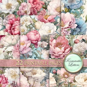 Pacote de papel para scrapbook digital de rosas peônia Shabby Chic, flores, botânico, páginas de diário de lixo para impressão digital, padrões florais sem costura A4