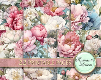 Può includere: Un collage digitale di 22 pagine stampabili con illustrazioni ad acquerello di peonie rosa e bianche, con il testo "22 pagine stampabili" e "Lettere romantiche" in basso.