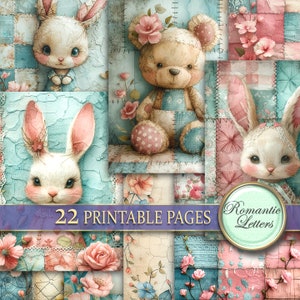 Papier scrapbooking numérique imprimable, papier journal indésirable, Patchwork, papier artisanal imprimable pour enfants, papier de découpage aquarelle, ours en peluche mignon A4