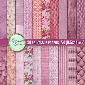 May include: Twenty printable digital papers in pink and purple tones. The papers feature various patterns, including floral, damask, stripes, and textures. The papers are designed for use in scrapbooking, card making, and other paper crafts. The papers are 8.5 x 11 inches.