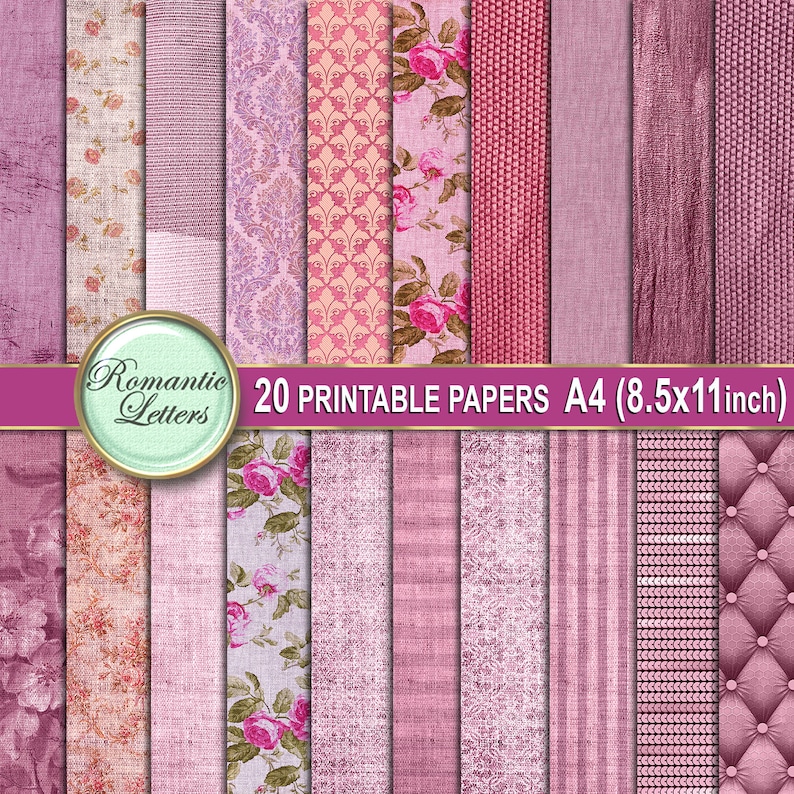 May include: Twenty printable digital papers in pink and purple tones. The papers feature various patterns, including floral, damask, stripes, and textures. The papers are designed for use in scrapbooking, card making, and other paper crafts. The papers are 8.5 x 11 inches.
