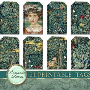 May include: Set of 24 printable tags featuring a vintage tapestry design with a green, blue, and yellow color scheme. The tags are perfect for adding a touch of vintage charm to your gifts, crafts, or home decor.