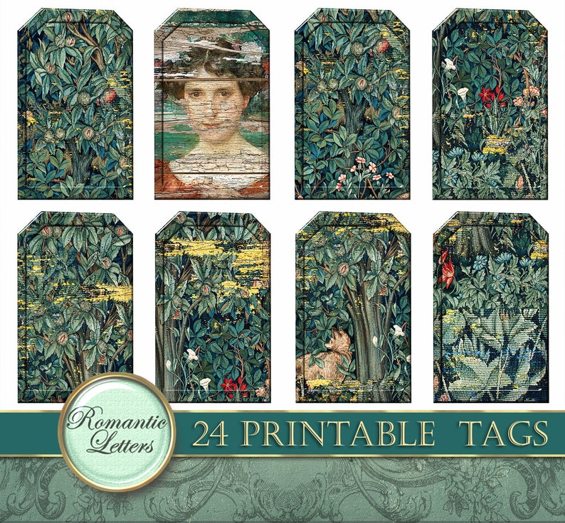 May include: Set of 24 printable tags featuring a vintage tapestry design with a green, blue, and yellow color scheme. The tags are perfect for adding a touch of vintage charm to your gifts, crafts, or home decor.