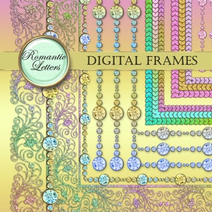 May include: A digital collage of colorful frames with glitter and jewel accents. The frames are in various shapes and sizes, including circles, squares, and rectangles. The text "Romantic Letters" and "DIGITAL FRAMES" is included in the image.