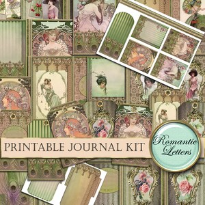 Pode incluir: Kit de di&aacute;rio imprim&iacute;vel com uma est&eacute;tica vintage. O kit inclui v&aacute;rios elementos decorativos com imagens de mulheres em molduras ornamentadas, desenhos florais e penas de pav&atilde;o. O texto "Romantic Letters" aparece em um c&iacute;rculo com um fundo verde.
