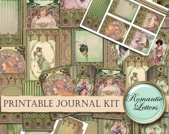 Kit de diário imprimível, folha de colagem digital, papel para diário imprimível, artesanato, arte nouveau, papel vintage, scrapbook digital, etiquetas, cartões, envelope
