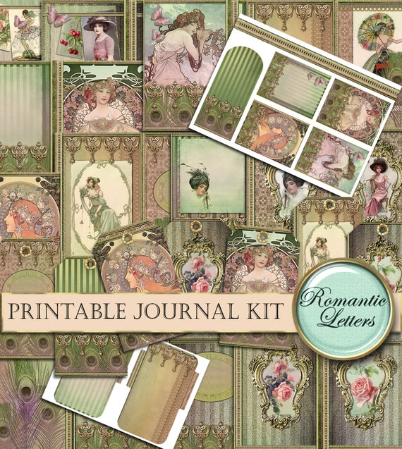 Printable journal kit digital collage sheet printable journal paper craft art nouveau vintage paper digital scrapbook tags cards envelope