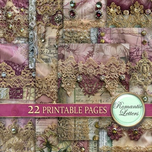 Seta bordeaux Confezione di carta per scrapbooking stampabile digitale Ricamo dorato Carta artigianale stampabile Effimera vintage Pagine di diario spazzatura shabby chic