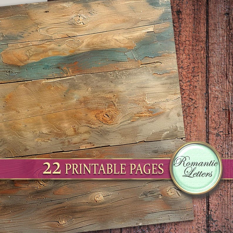 May include: A digital paper pack with 22 printable pages featuring a rustic woodgrain background. The text "22 Printable Pages" and "Romantic Letters" is visible on the image.