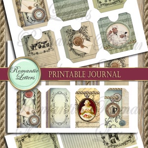 Pu&ograve; includere: Pagine di diario stampabili con illustrazioni vintage e bordi decorativi. Le pagine presentano immagini di uno chef, una donna che cuoce, un orologio e una teiera. Il testo "Romantic Letters Printable Journal" &egrave; in cima alla pagina.