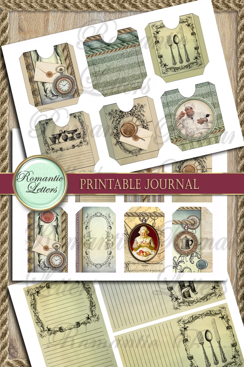 Pu&ograve; includere: Pagine di diario stampabili con illustrazioni vintage e bordi decorativi. Le pagine presentano immagini di uno chef, una donna che cuoce, un orologio e una teiera. Il testo "Romantic Letters Printable Journal" &egrave; in cima alla pagina.