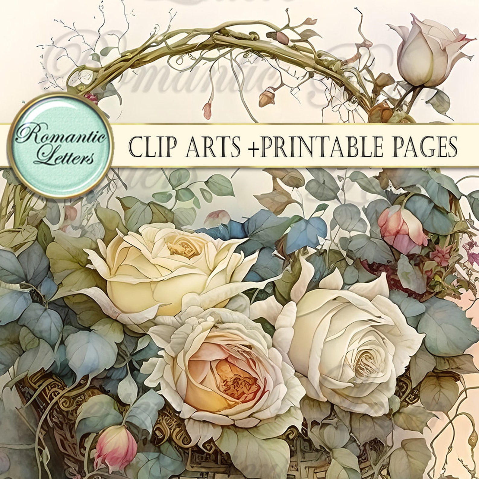 Digital Scrapbook Wedding Rose Basket Clip Art Flowers Watercolor ...