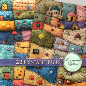 May include: A digital paper pack with 22 printable pages featuring a patchwork quilt design with various colors and textures. The text "Romantic Letters" is on a light blue circle.