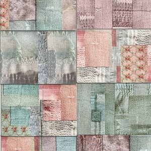 May include: A digital paper pack with 24 different patterns. The patterns are a mix of textures and colors, including pink, blue, green, and brown. The patterns are all stitched together to create a patchwork effect. The text "Romantic Letters DIGITAL PAPERS A4 (8.5X11 INCH)" is at the bottom of the image.