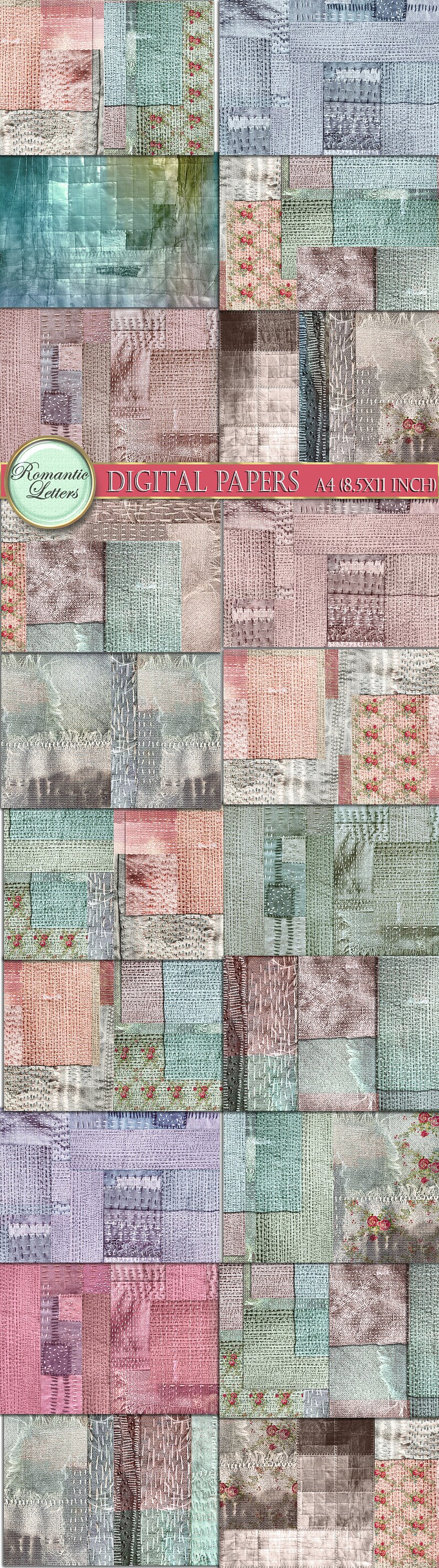 May include: A digital paper pack with 24 different patterns. The patterns are a mix of textures and colors, including pink, blue, green, and brown. The patterns are all stitched together to create a patchwork effect. The text "Romantic Letters DIGITAL PAPERS A4 (8.5X11 INCH)" is at the bottom of the image.