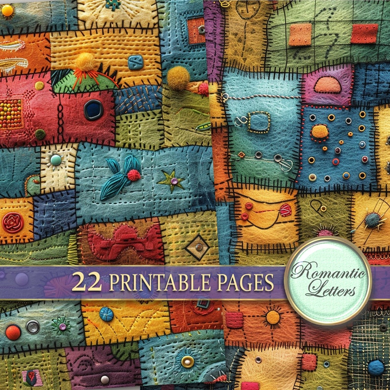 May include: A colorful patchwork quilt pattern with 22 printable pages. The quilt is made of various fabrics and textures, including denim, corduroy, and velvet. The quilt is stitched together with a variety of stitches, including running stitch, back stitch, and blanket stitch. The quilt is decorated with various embellishments, including buttons, beads, and ribbons. The quilt is a great way to add a touch of vintage charm to your home.