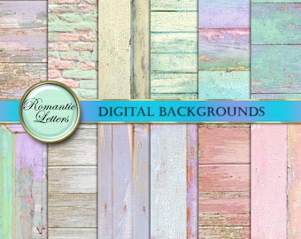 May include: A set of 10 digital backgrounds featuring distressed wood planks in various pastel colors, including light blue, pink, yellow, and green. The backgrounds are perfect for adding a vintage and rustic feel to your digital projects.