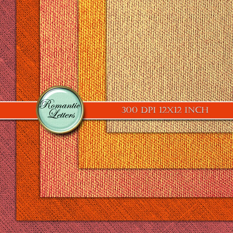 K&ouml;nnte beinhalten: Vier Stofftexturen in Rot-, Orange- und Beiget&ouml;nen. Der Stoff hat eine gewebte Textur. Das Bild ist mit "Romantic Letters" und "300 DPI 12X12 INCH" beschriftet.