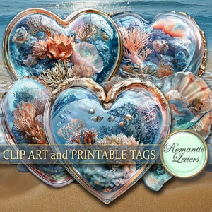 Imágenes prediseñadas bajo el agua, etiquetas digitales para imprimir, etiquetas para álbumes de recortes digitales, boda en la playa de coral, concha marina, clipart del océano, vida marina, corazón, verano PNG