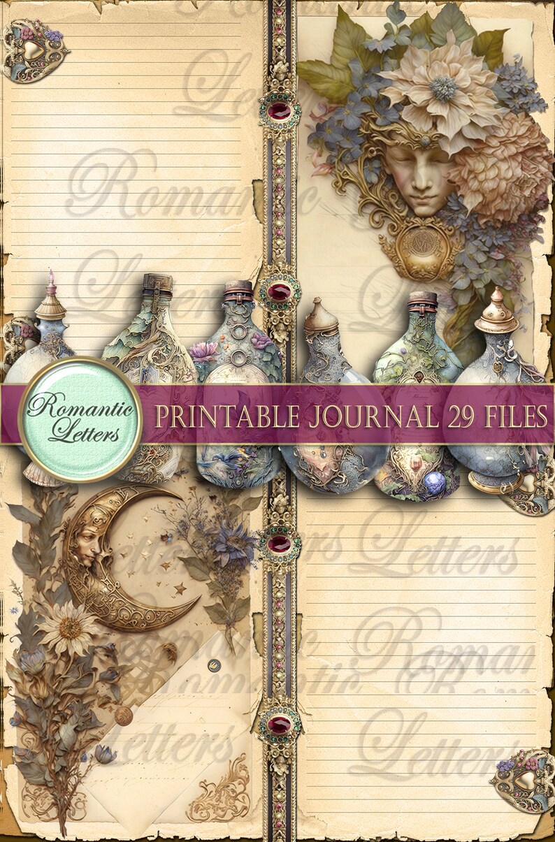 May include: Digital printable journal pages with a vintage aesthetic. The design features ornate bottles, floral elements, and a crescent moon. The text reads "Romantic Letters" and "Printable Journal 29 Files". The color palette includes beige, gold, and muted blues.