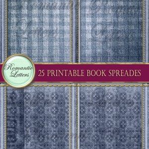 May include: Four blue denim book covers with gold stitching and a decorative pattern. The covers are labeled "25 Printable Book Spreads".