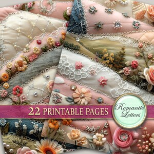 K&ouml;nnte beinhalten: Eine Collage aus 22 druckbaren Seiten mit filigranen Stickereien in Rosa, Wei&szlig; und Blau. Die Seiten eignen sich perfekt zum Basteln, Scrapbooking oder um Ihren Projekten einen Vintage-Touch zu verleihen. Der Text "Romantic Letters" ist in der rechten unteren Ecke sichtbar.