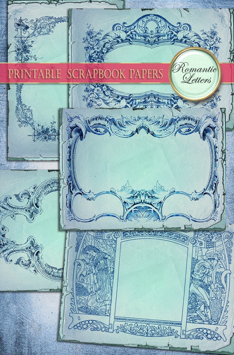 Digital printable scrapbook frames paper printable paper pack junk journal blank pages vintage craft paper blue background shabby chic A4 image 8