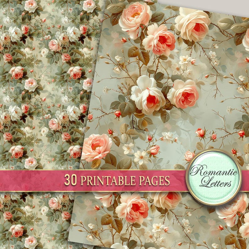 Floral Digital Scrapbook Paper Shabby Chic Junk Journal Pages Vintage ...