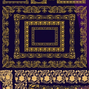 May include: A set of ornate gold frames with intricate floral designs on a dark purple background. The frames are perfect for adding a touch of elegance to any project.
