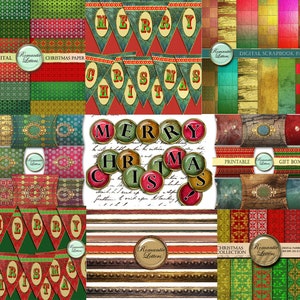 Kerst digitale afdrukbare bundelverkoop, kerst plakboek banner Merry Christmas digitaal alfabet, digitaal plakboekpapier, doos, illustraties