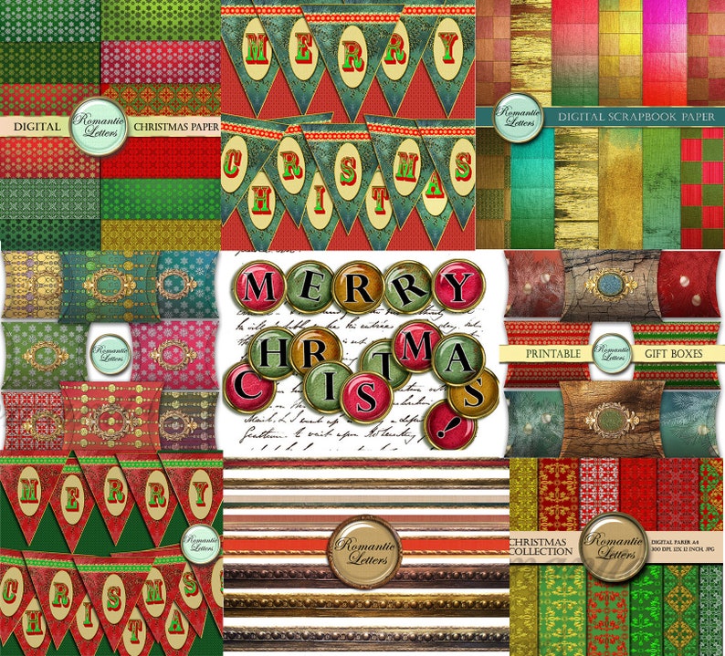 Christmas digital printable bundle sale, Christmas scrapbook banner Merry Christmas digital alphabet, digital scrapbook paper, box, clip art image 1