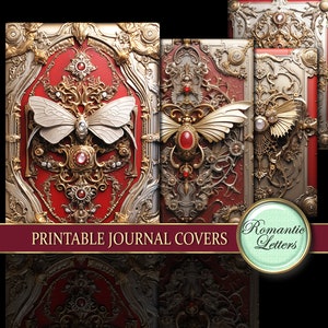 Peut inclure: Trois couvertures de journal rectangulaires ornées de filigrane doré, de fonds rouge foncé et de motifs d'insectes ailés centraux. Les designs incluent des pierres précieuses rouges et du métal ciselé. Texte : PRINTABLE JOURNAL COVERS et Romantic Letters.