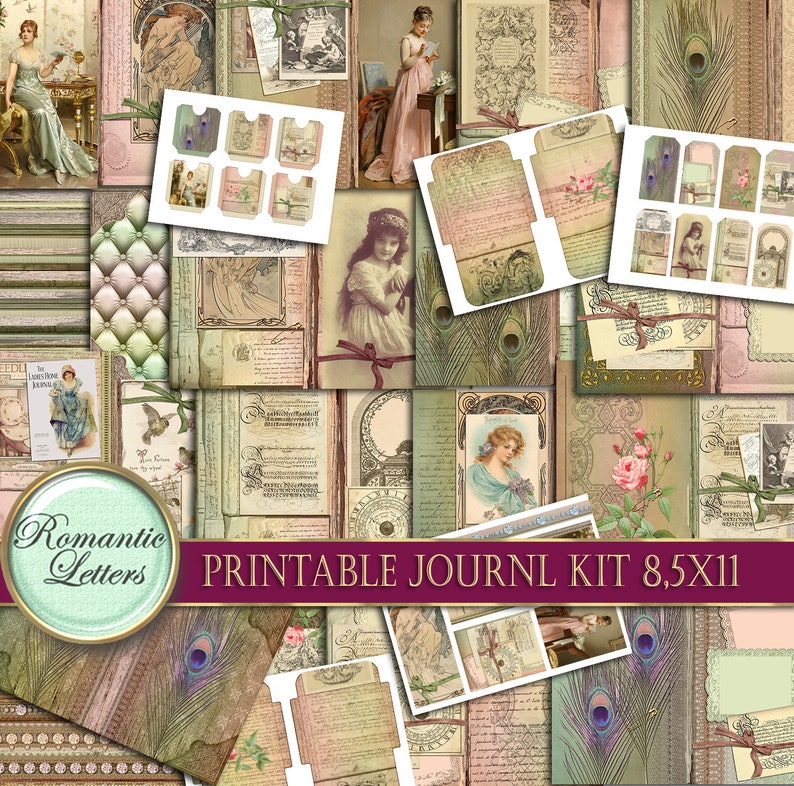 May include: Printable journal kit with a vintage aesthetic. The kit includes a variety of papers, tags, and embellishments in shades of green, pink, and brown. The kit is designed for use with 8.5x11 inch journals.
