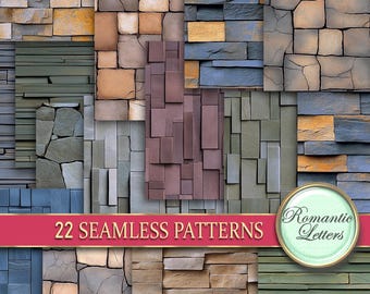 May include: A set of 22 seamless stone patterns in various colors and textures. The patterns are perfect for creating backgrounds, textures, and designs for digital and print projects. The patterns are labeled "22 Seamless Patterns" and "Romantic Letters".