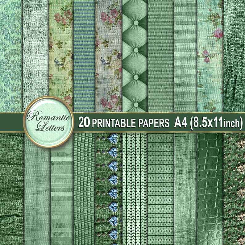 May include: A set of 20 printable digital papers in various green shades and patterns, including floral, geometric, and textured designs. The papers are sized 8.5x11 inches and are perfect for scrapbooking, card making, and other crafting projects.