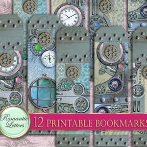 Puede incluir: Doce marcadores imprimibles con un dise&ntilde;o steampunk con engranajes, relojes y texturas met&aacute;licas en tonos azules, grises y marrones.