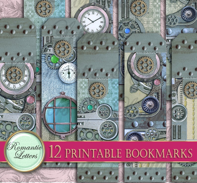 Puede incluir: Doce marcadores imprimibles con un dise&ntilde;o steampunk con engranajes, relojes y texturas met&aacute;licas en tonos azules, grises y marrones.