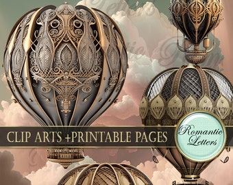 Hot air balloon Digital clip art Steampunk scrapbook paper clipart Steampunk clipart elements invitation printable Victorian Download PNG