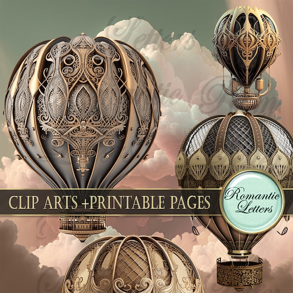 Hot air balloon Digital clip art Steampunk scrapbook paper clipart Steampunk clipart elements invitation printable Victorian Download PNG