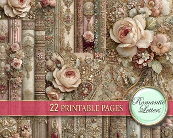 Könnte beinhalten: Eine Collage von 22 druckbaren Seiten mit romantischem Thema. Das Design zeigt verzierte Blumen- und Spitzenmuster in zarten Rosa-, Creme- und Goldtönen. Das Bild enthält Rosen, Perlen und dekorative Elemente, mit dem Text "Romantic Letters".