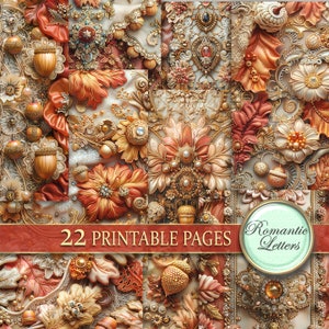 May include: A collage of 22 printable pages featuring intricate designs with autumnal colors and textures. The designs include acorns, leaves, flowers, and ornate details in shades of gold, brown, and orange. The text "Romantic Letters" and "22 Printable Pages" is included in the image.
